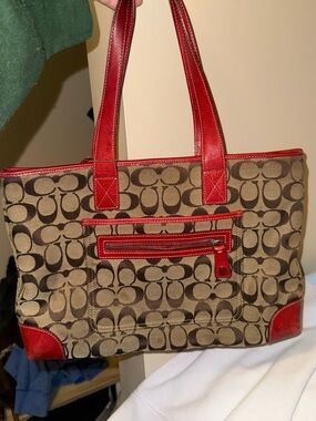Vintage Coach Brown Signature Canvas Tote with Red Leather Trim